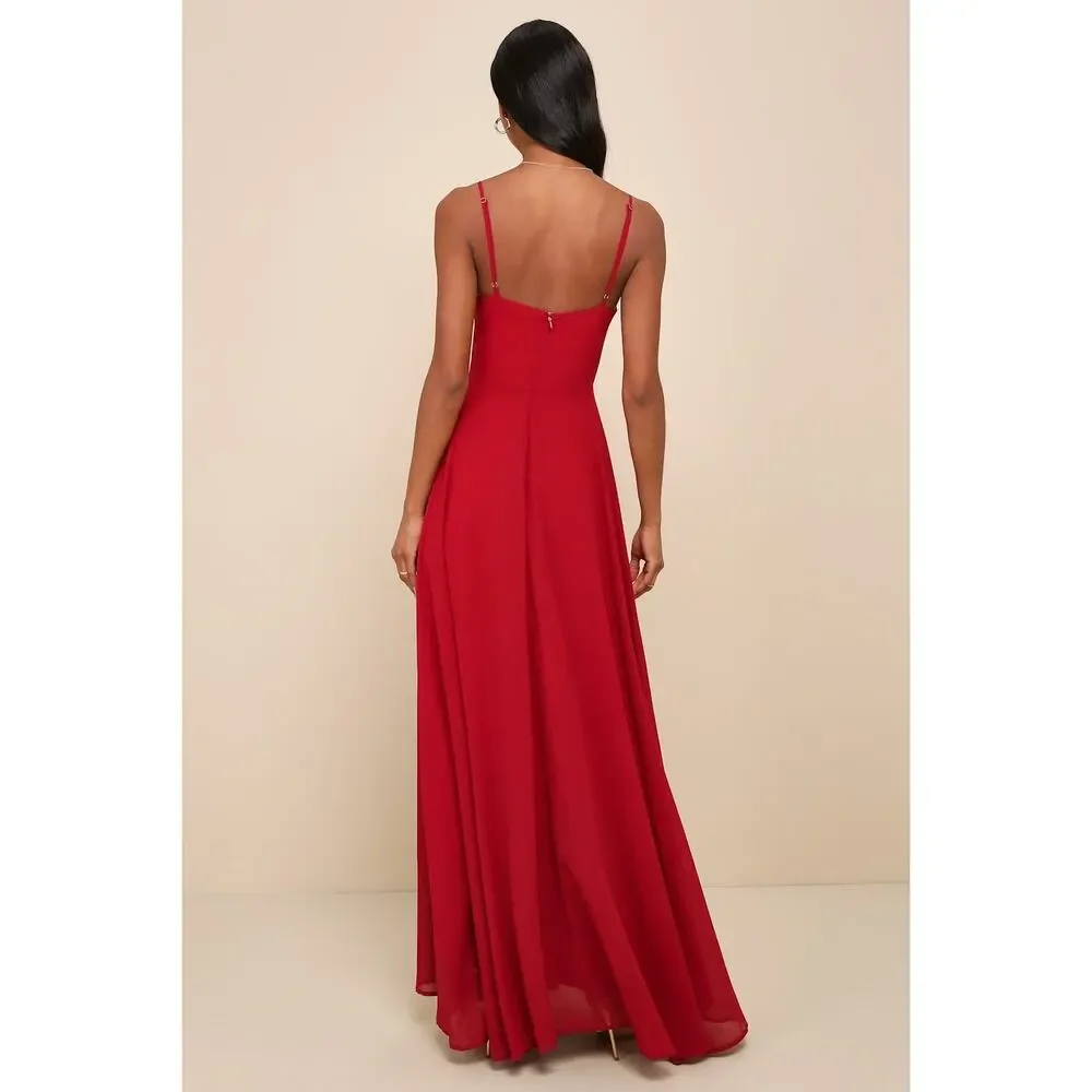 NWT Lulus Cause for Commotion Red Pleated Bustier Maxi Dress Gala Banquet Size S